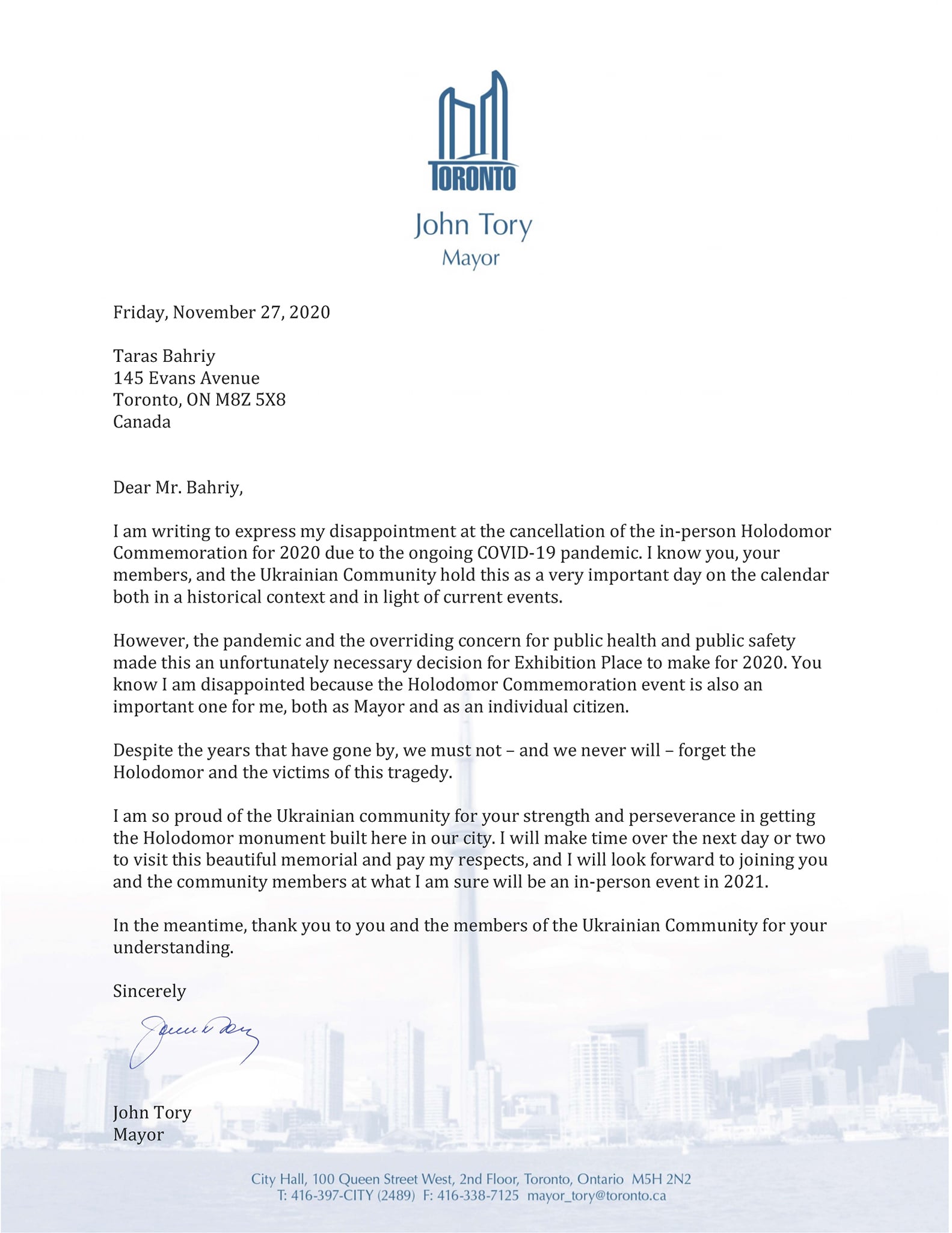 Mayor Tory - Holodomor Cancellation